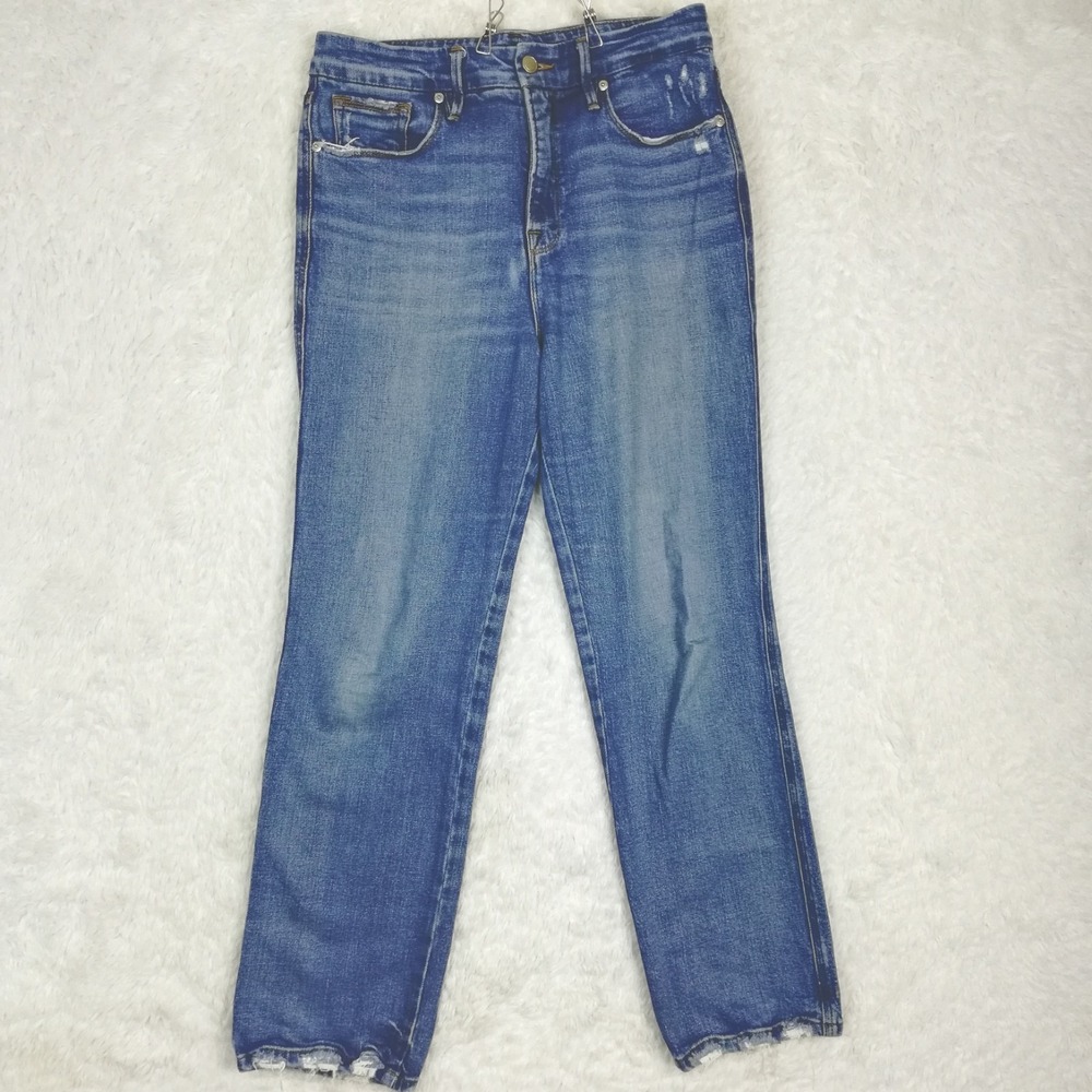 Good American Womens Jeans Boot Cut Blue Denim High Rise Medium Distressed 8